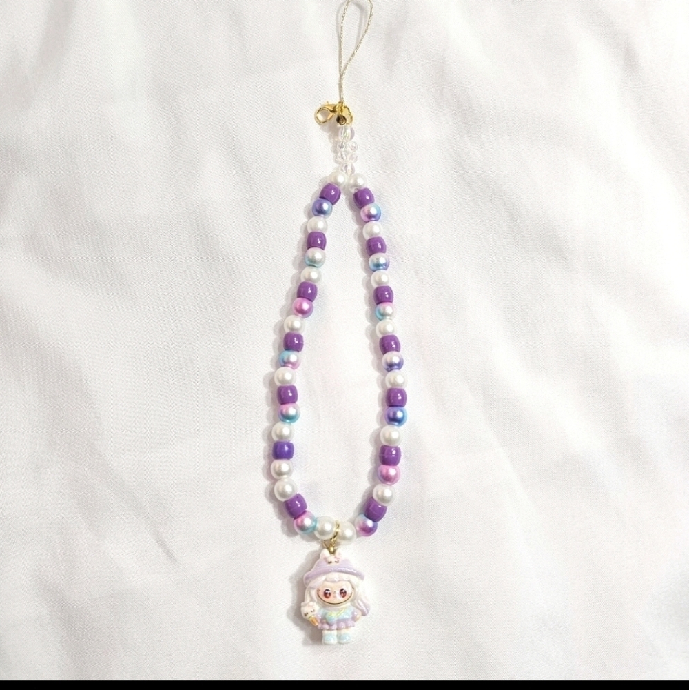 Cute Pastel Purple Girly Dainty Elegant Beaded Labubu Phone Charm or Wrist Strap - Picture 2 of 8